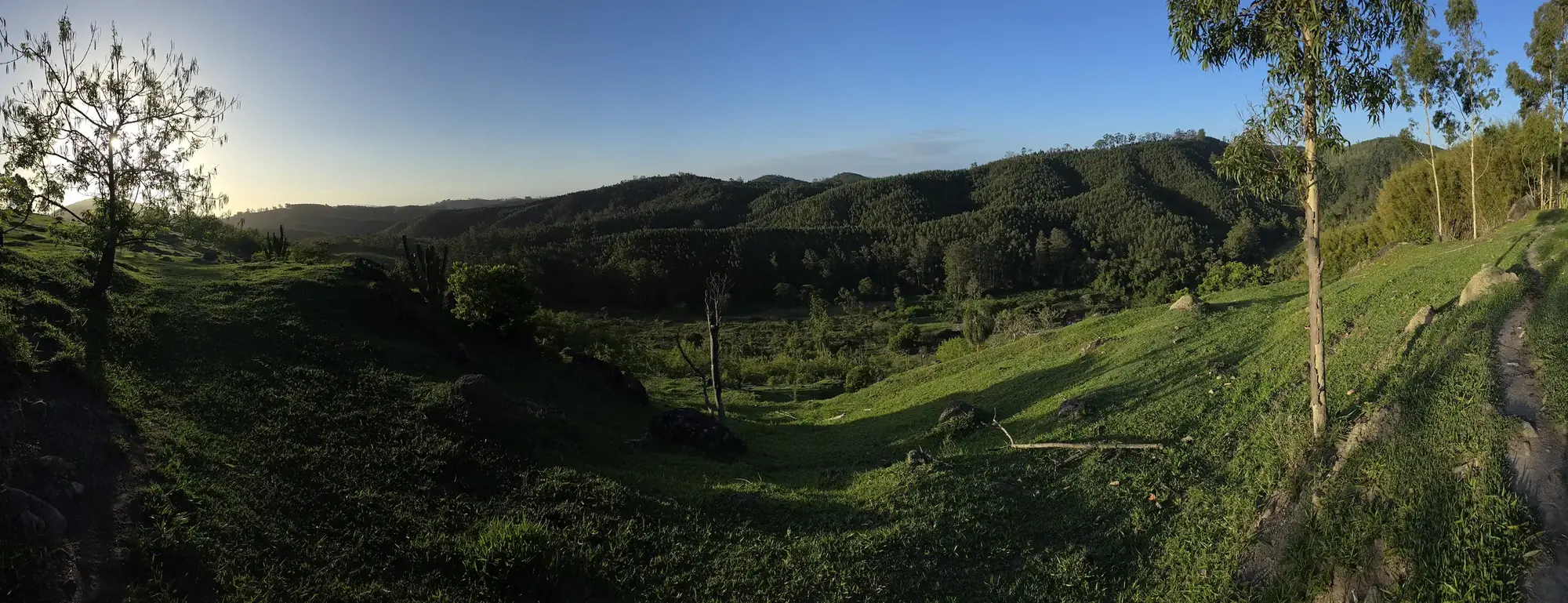 Vale e morros da fazenda ao entardecer, com o gramado em primeiro plano